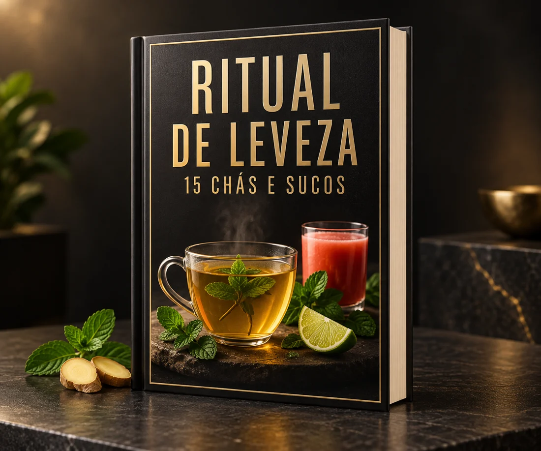 Mockup do e-book Ritual de Leveza, com capa preta e dourada, chá e suco de frutas