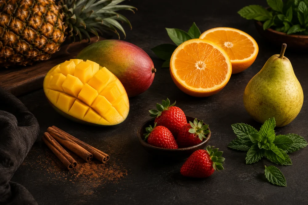 Frutas frescas, hortelã e canela sobre uma bancada escura