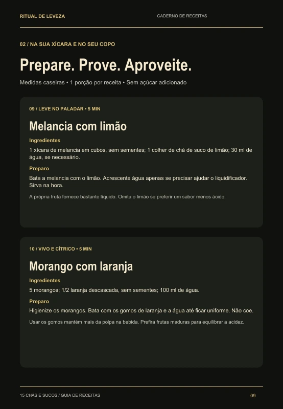 Página real do e-book com as receitas de melancia com limão e morango com laranja
